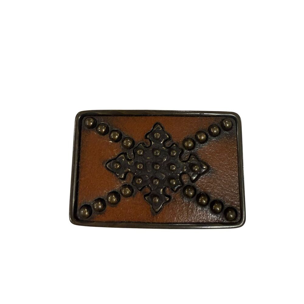 Western Rebel Belt Buckle Studded Cross Leather Inlay Vintage